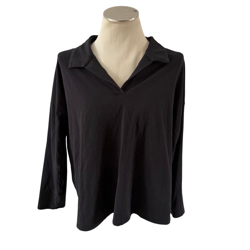 Eileen Fisher Black Organic Cotton Long Sleeve Polo Top Size XL - Picture 1 of 5